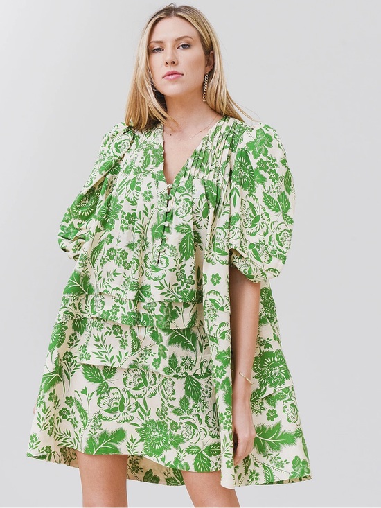 HUNTER BELL Dresses & Skirts - Green Floral Puff-Sleeve Mini Dress